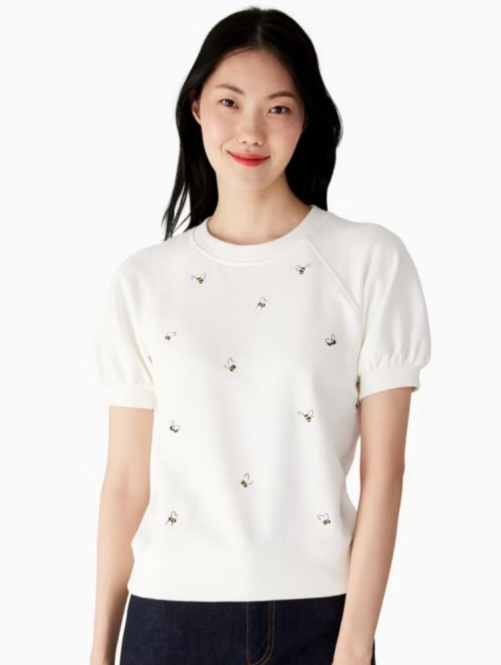 Kate Spade White Short-Sleeve Bee Embroidered Pullover Top